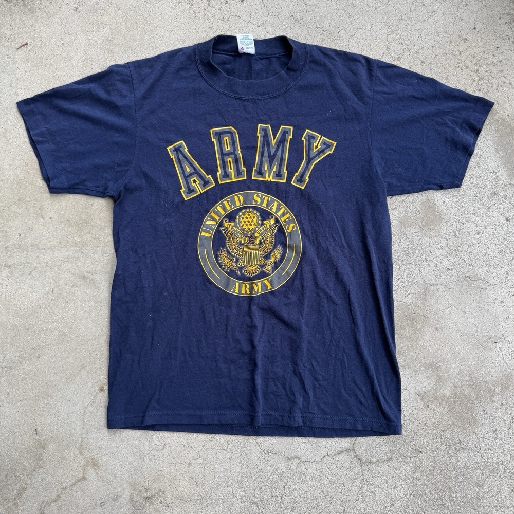Vintage 80s 90s US Army Tee Shirt Navy Blue Soffe Military Large Made in USA